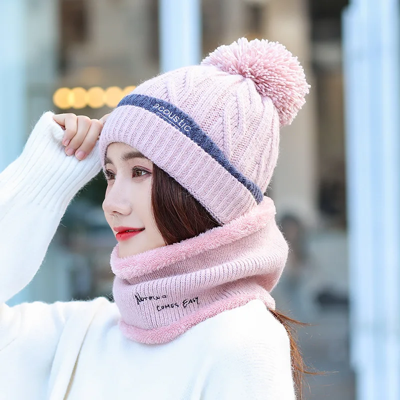 pink Зеленый цвет зимняя шапка, шарф перчатки Комплект для девочек Для женщин вязаная теплая Теплые; больших размеров бархатная шапка для девочек модные мягкие однотонные женские кепки - Цвет: pink