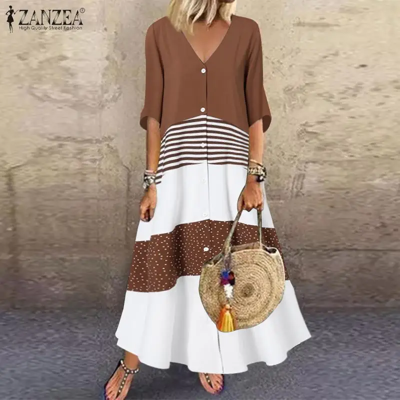 Women Stiching Sundress ZANZEA 2022 Elegant Summer Shirt Dress Half Sleeve Printed Maxi Vestidos Female V Neck Robe 
