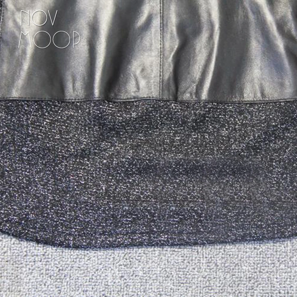 Novmoop русская Мода Стиль Серебряный люрекс сплайсинга с высоким воротником овчины