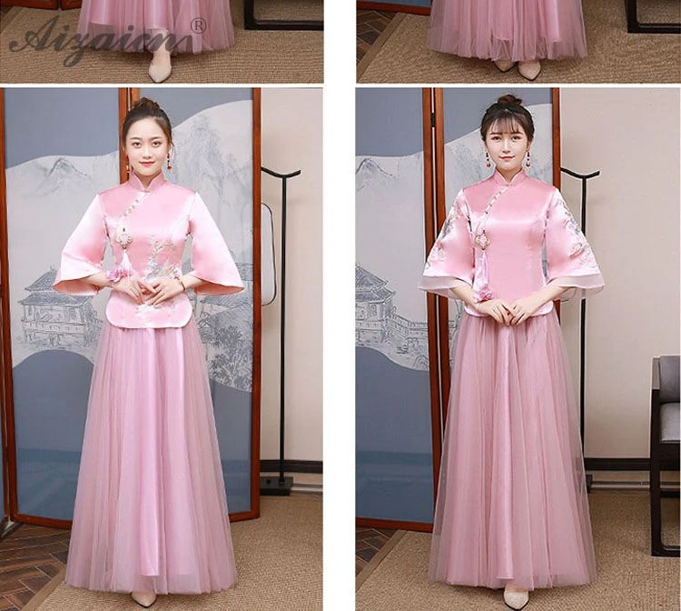 Модная розовая Пряжа юбка длинный Cheongsam Современная Подружка невесты винтажное платье Qi Pao женское традиционное китайское платье Qipao акция