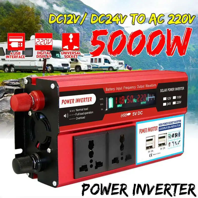 Эффективный 4 USB 5000 Вт DC12/24 В до ac220в ЖК-дисплей Автомобильный инвертор зарядное устройство конвертер адаптер модифицированный синус волновой трансформатор