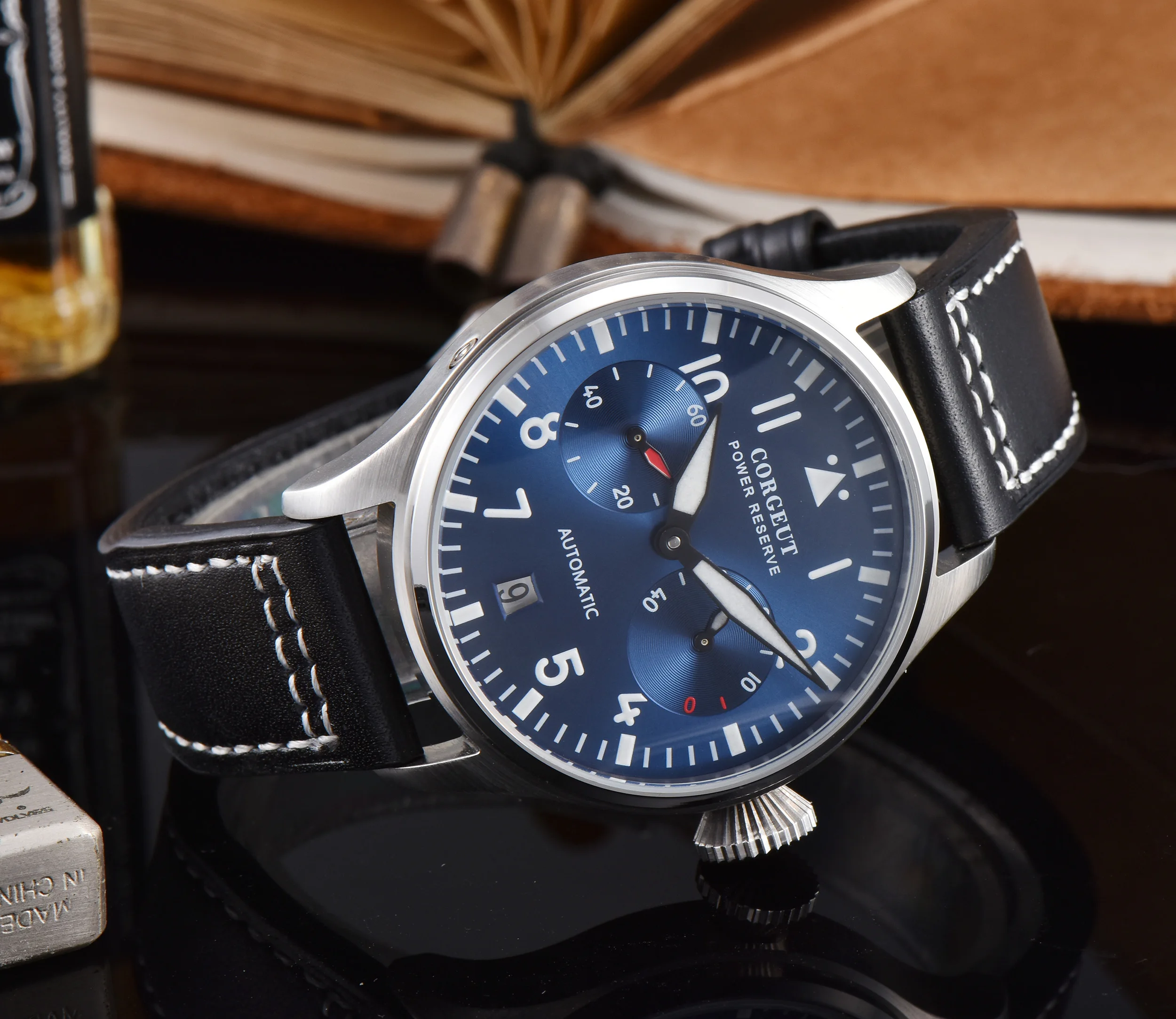 Corgeut42MM автоматические механические наручные часы мужские светящиеся Дата синий циферблат нержавеющая сталь настоящий пояс 316L нержавеющая сталь Водонепроницаемый