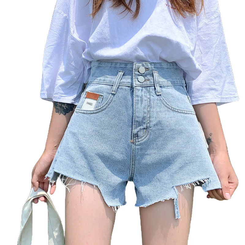 

Light blue high waist denim shorts women's loose 2021 summer Korean version design feeling hip lift show thin A-line wide leg