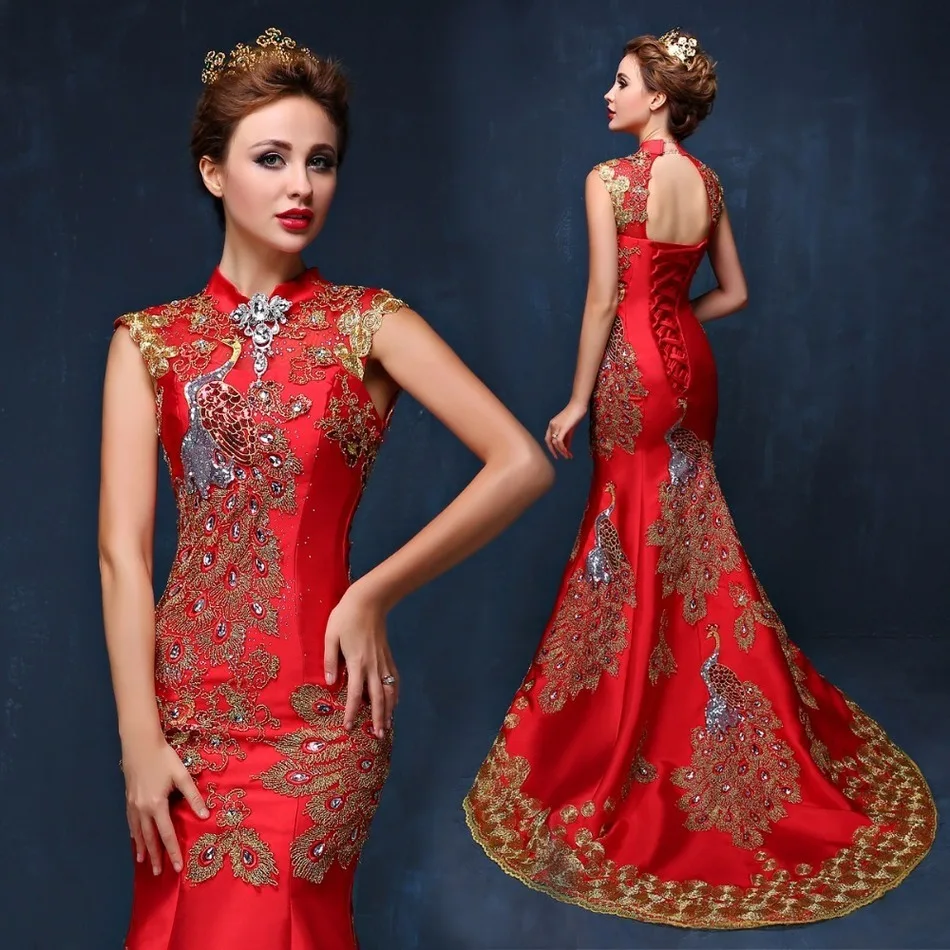 

Роскошное красное китайское вечернее платье с вышивкой, длинное свадебное платье-Ципао для невесты, платья-русалки в восточном стиле, Qi Pao ...