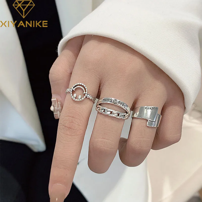 

XIYANIKE Vintage Silver Color Smiling Face Finger Rings Fashion Simple Weaving Width Punk Ring Party Jewelry for Women