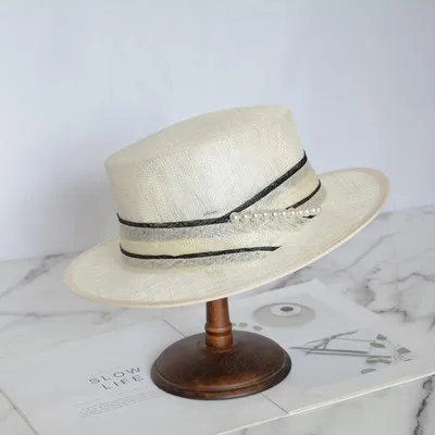 

2021 new flat top hemp veil hat female spring and summer new pearl top hat out parade shot fashion hat