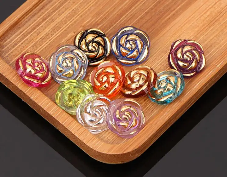 10pcs Crystal Buttons Candy Color Gold Edge Clear Rose Flower Acrylic Buttons for Decoration Handmade Craft Sewing Accessories