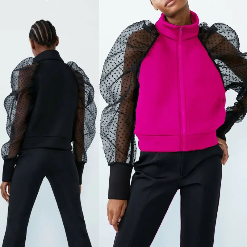 Women's Polka Dot Sheer Mesh Long Puff Sleeve Shirt Tops Blouse Zipper Coat High Collar Jacket Sexy Women | Женская одежда