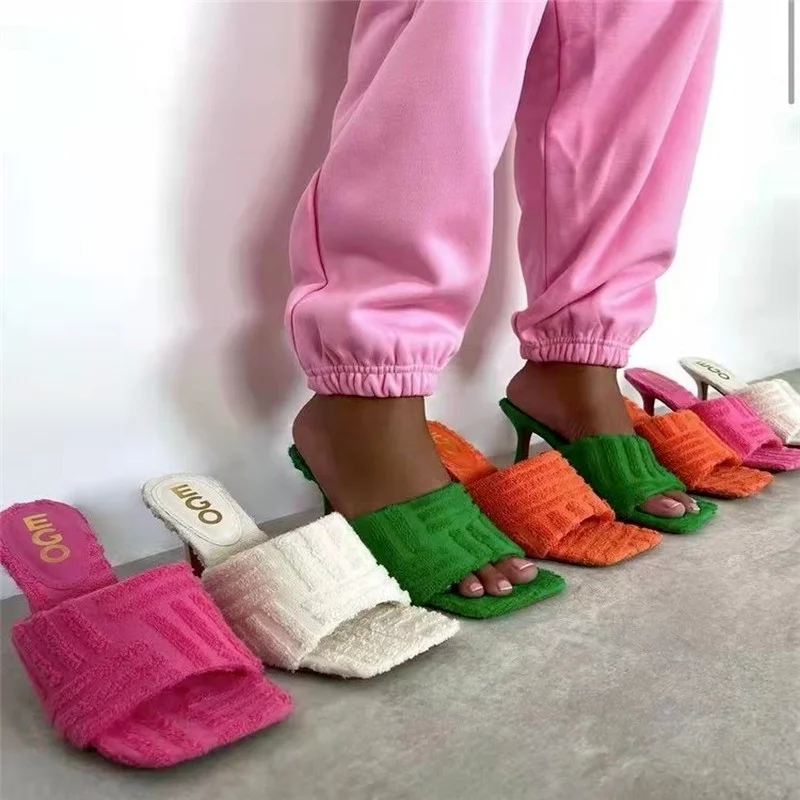 

Sexy Winter Sandals Candy Color Luxury Rabbit Fur High Heel Sandals Slippers Femme Evening Party Women Shoes 43 Furry Slides
