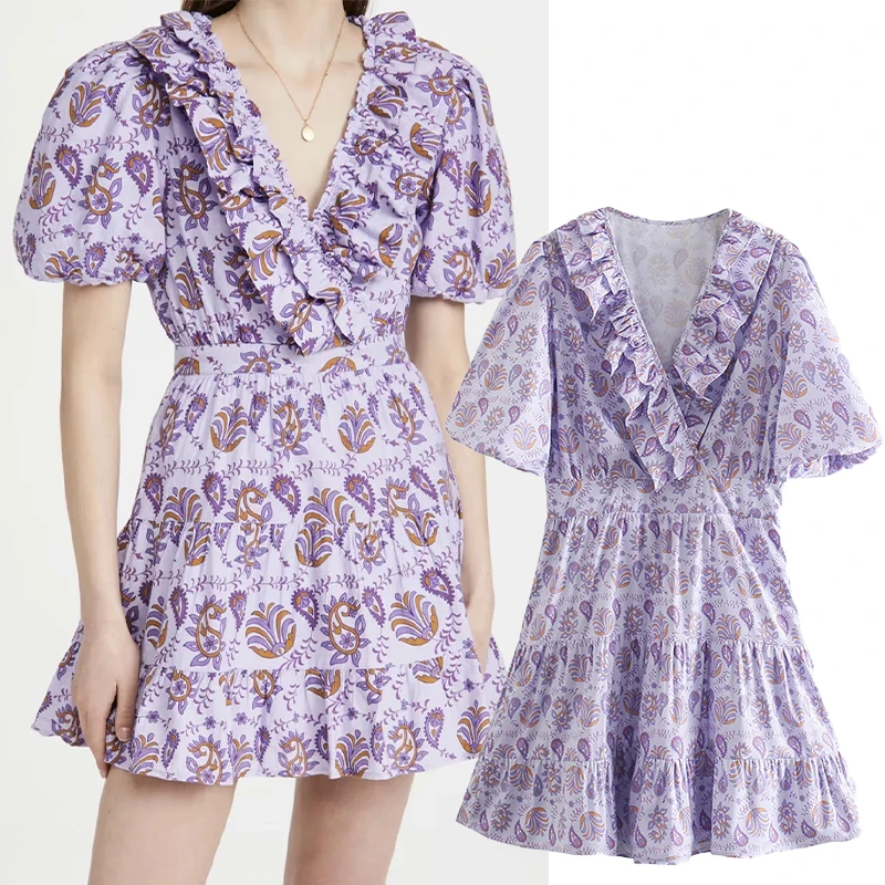 

Women's Summer Ruffles And Puffed Sleeves Short Mini Dress V-Neck Floral Print Dress Casual Boho Midi Dress 2021 Fashion
