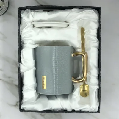 grey gift box Berjaya креативный полигон золото рукоятка керамическая кружка с ложкой большой емкости бизнес офисная чашка для кофе и кружка - Цвет: grey gift box