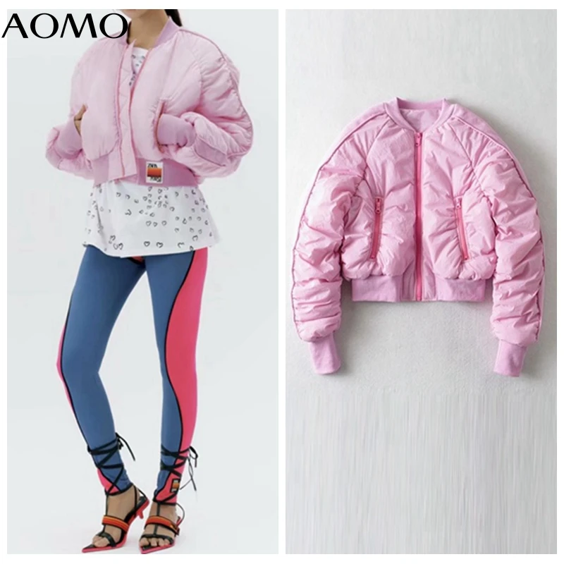 

AOMO Women Solid Pleated Oversize Crop Parkas 2021 Winter Zipper Pockets Female Warm Elegant Coat Jacket XE11A