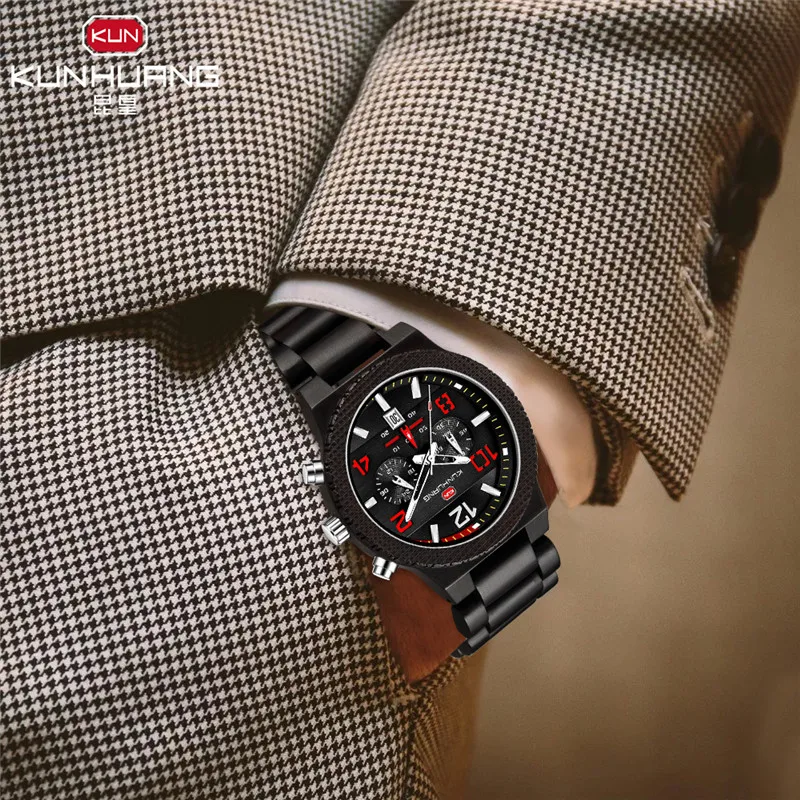 

KUNHUANG 2020 Wooden Watch Men Handmade Multi-Function Quartz Watches For Boyfriend reloj hombre
