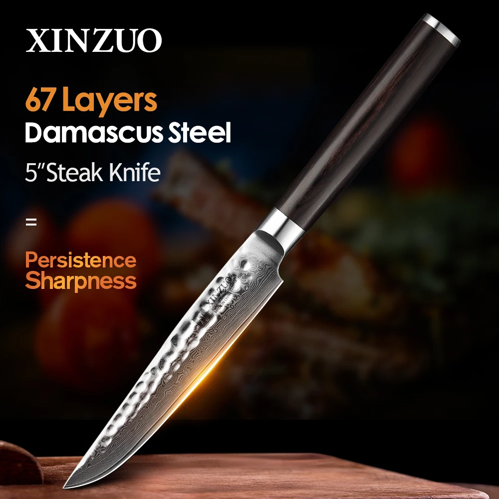 

XINZUO 5 Inches Damscus Pattern Sharp Steak Knife Meat Slicing Knife Restaurant Cutlery With Pkkawood Handle Kitchen Tools