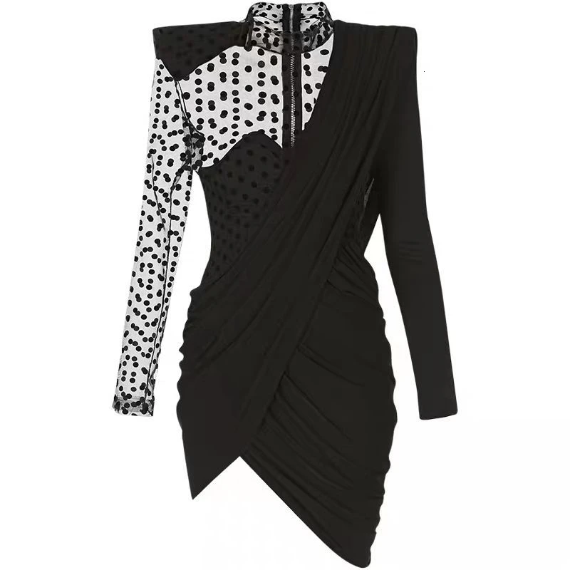 black TWOTWINSTYLE винтажное асимметричное Сетчатое платье для женщин со стоячим воротником и пышным длинным рукавом с высокой талией, женское платье в горошек с рюшами - Цвет: black