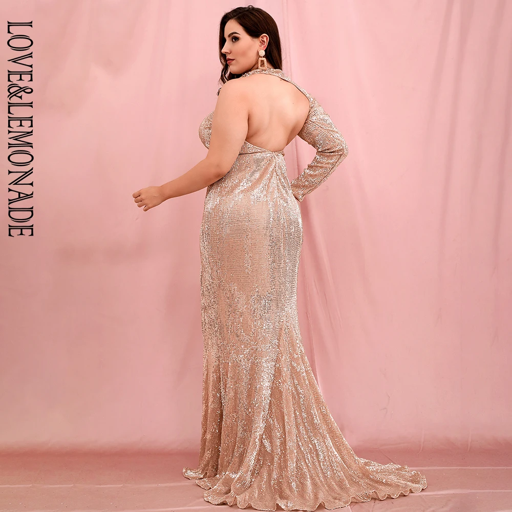 

LOVE&LEMONADE PLUS SIZE Sexy Open Back Single Sleeve Rose Gold Elastic Sequins Fishtail Maix Dress LM81333-2PLUS