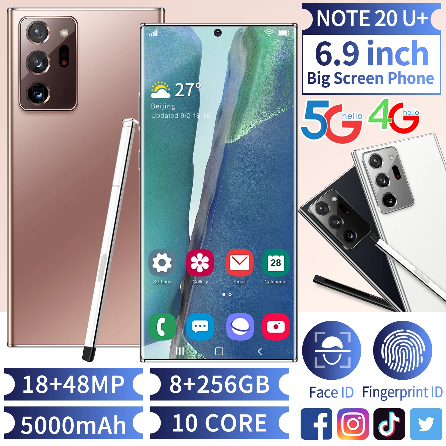 

Note20U+ 8GB+256GB 6.9" Fully Fit The Body Of True Punched Magnesium Aluminum Alloy Nano-3D Electroplating Gradient Thermal Bend