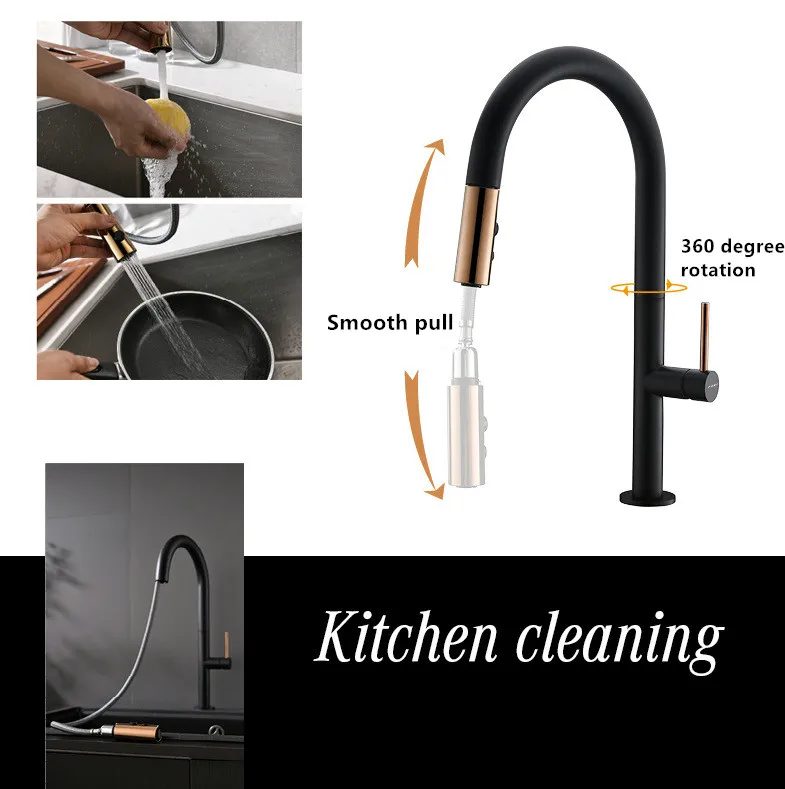 LASO European antique sink faucets Black white pull faucet adjustable kitchen hot and cold swivel spout extension | Обустройство дома