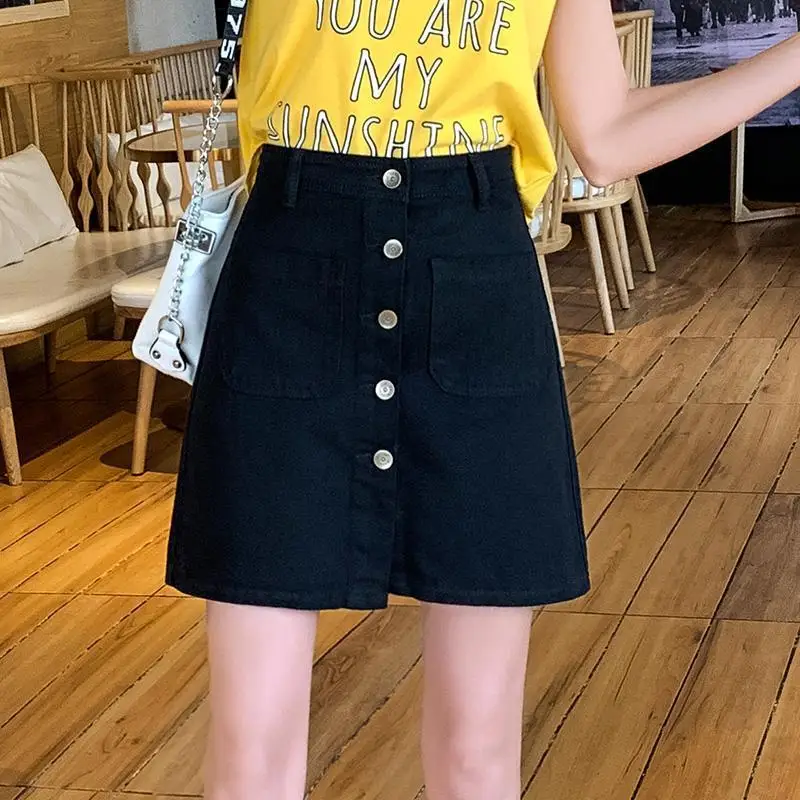 

Women High Waist Denim Skirt Short A-line Buttom Skirts Slim Pocket Clothes Female Causal Summer Skirts