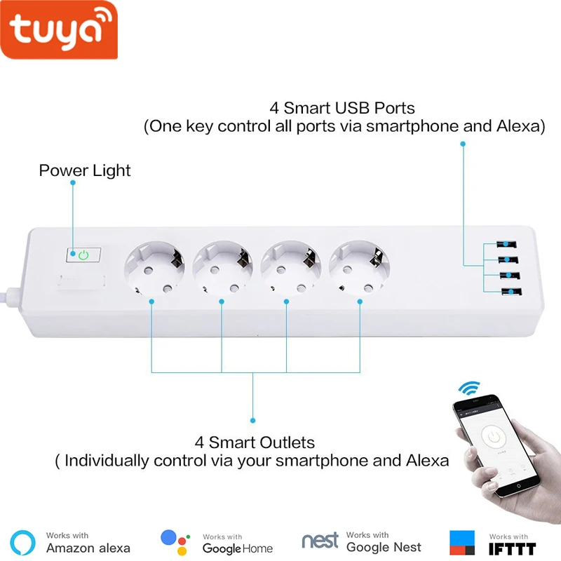 

Удлинитель Tuya Smart, Wi-Fi, 4 выхода, 4 USB-порта, поддержка Alexa, Google Home, 5,0