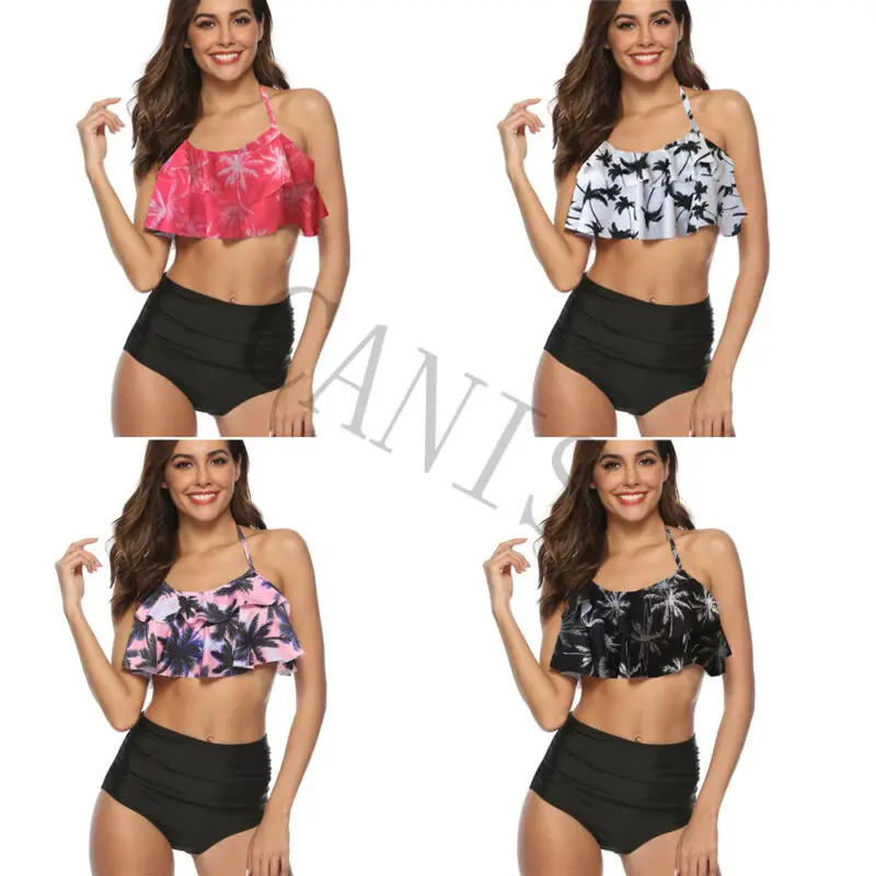 

Women High Waisted Ruffle Off the Shoulder Bikini Beachwear Bathing Swimsuit