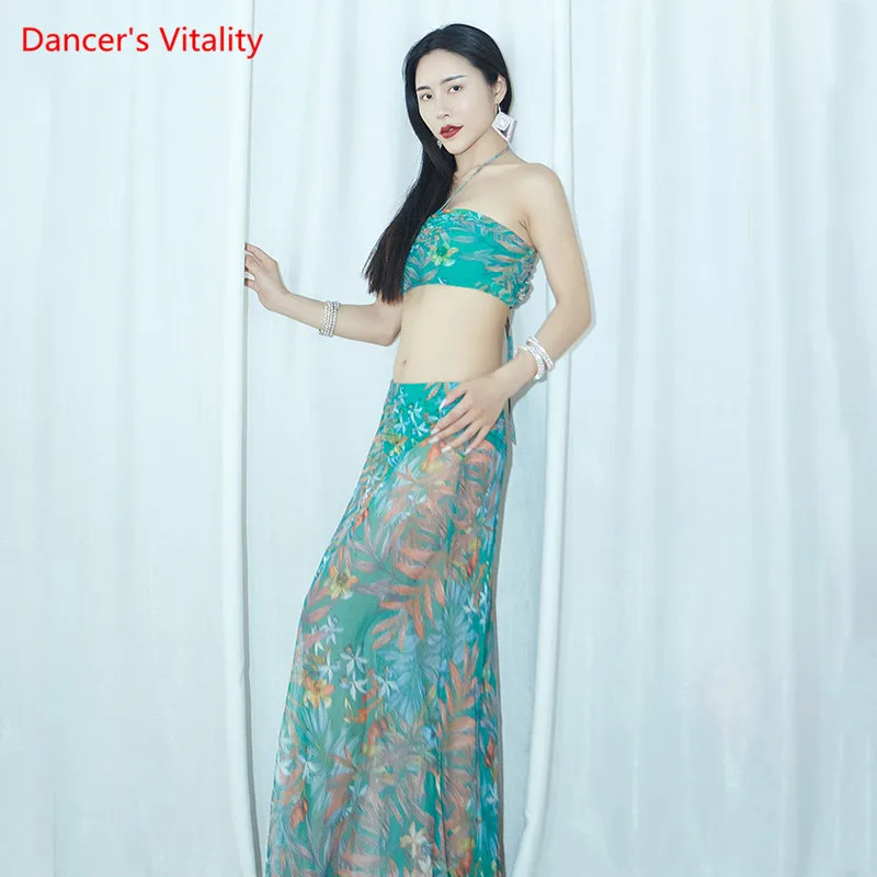 

Belly Dance Suit Female Adult Elegant Tulle Top Practice Clothes Slim Green Print Slit Long Skirt Performance Clothing