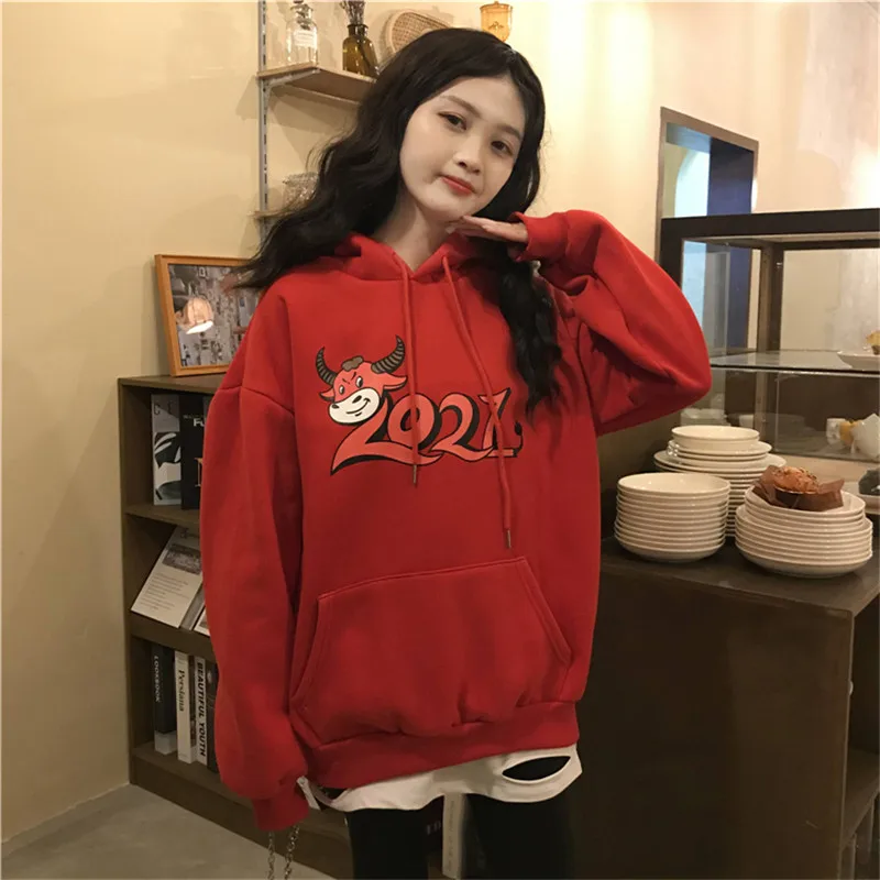 

POUNGDUDU 2021 Women Sweatershirt Hooded Female Pullover Pocket Chinese Style Loose Velvet Warm Casual All-Match New Year Wear