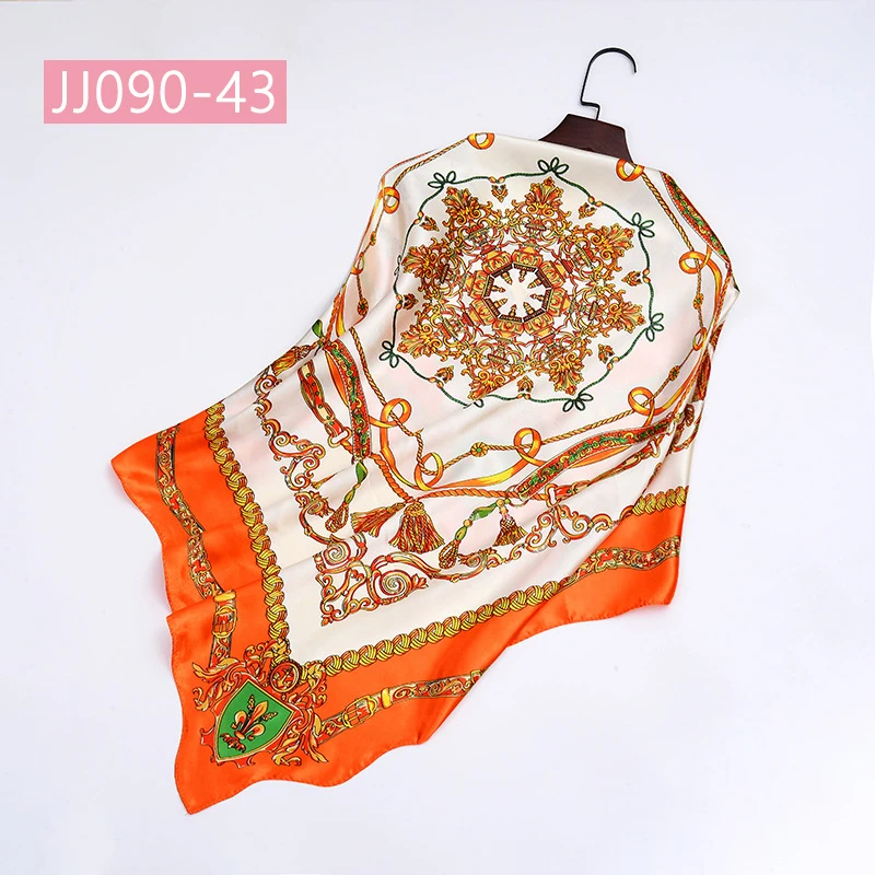 JJ090-43 90*90 см квадратный шарф для женщин, подходит ко всему, элегантные цветочные шарфы для волос, Женская бандана, весна-осень, атласные шелковые шарфы, шаль - Цвет: JJ090-43