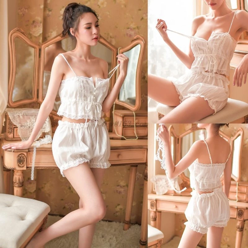 

Womens French Palace Sexy Lingerie Pajamas Set Button Up Drawstring Crop Top Camisole Ruffled Lace Bloomers Sleepwear