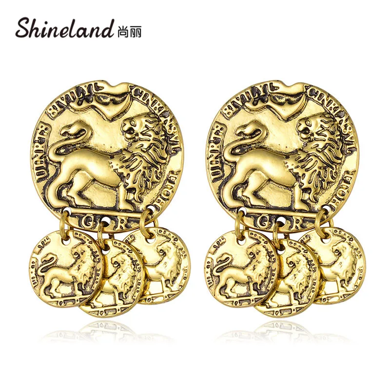 

Shineland Vintage Engraved Coin Drop Dangle Earrings for Women Tiger Pattern Round Tassel Pendant Earring Pendientes Statement