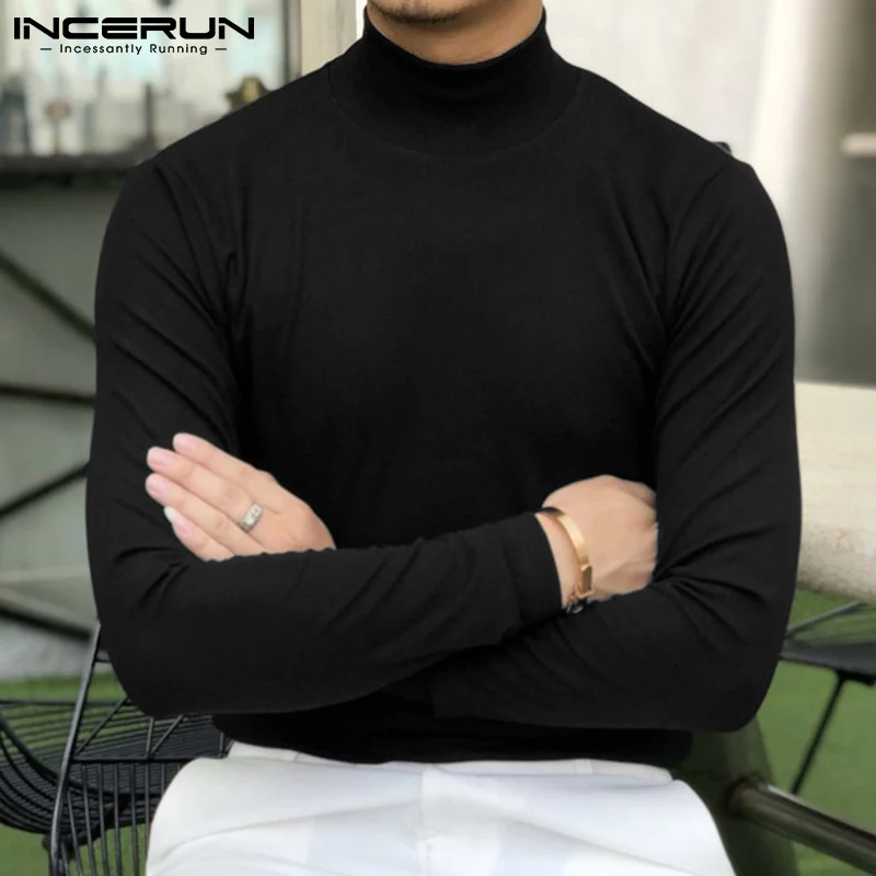 

ICNERUN Tops 2021 Men Cotton Linen Brushed Casual Streetwear High-neck Long-sleeved Basic Solid Comfortable Loose Camiseta S-5XL