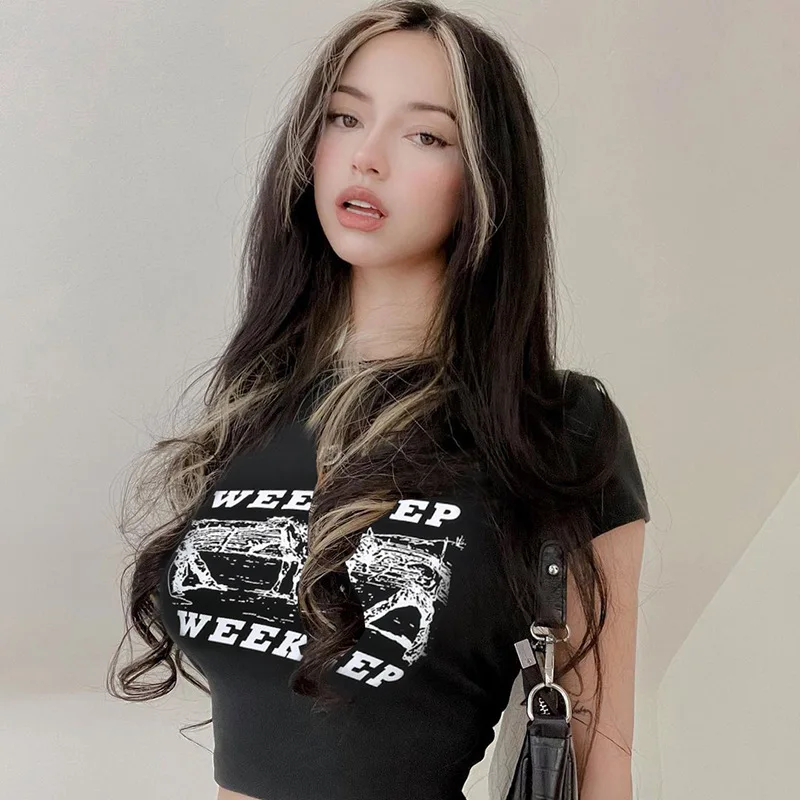 

Укороченные топы с буквенным принтом, футболка, женские короткие футболки, футболки, сексуальные топы с круглым вырезом и открытым пупком, ф...