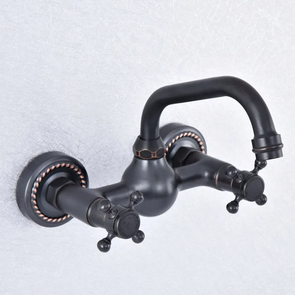 

Black Oil Rubbed Bronze Wall Mount Double Handle Bathroom Faucet Vanity Vessel Sinks Mixer Tap Cold And Hot Water Tap tsf726