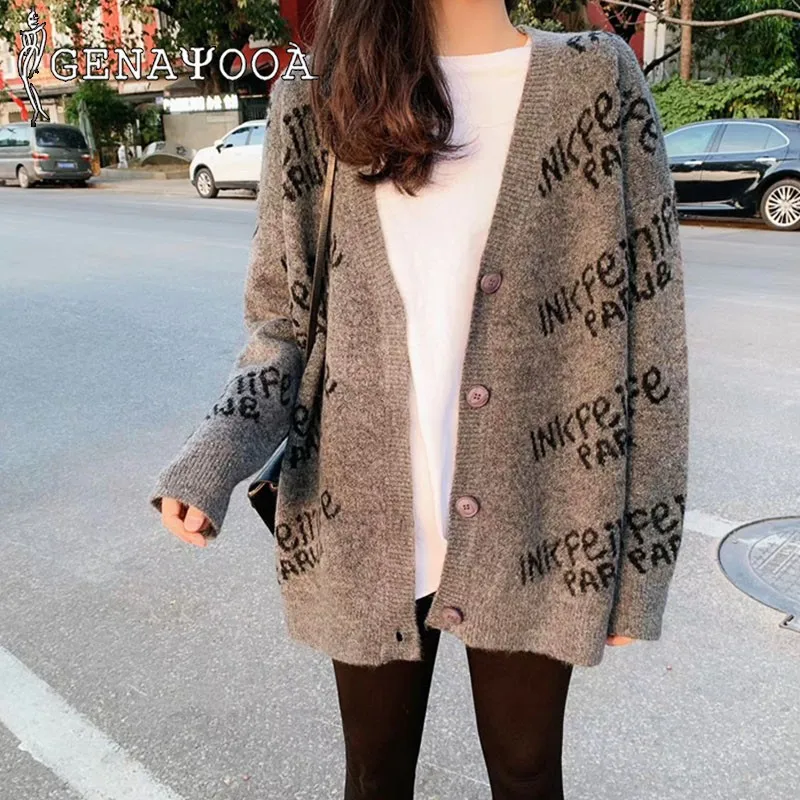 

Genayooa Casual Cardigan Womens Sweaters Autumn Winter 2020 Korean Style Oversized Ladies Cardigans Knitted Cashmere Jumper