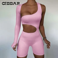 cibbar casual solid hollow out playsuit women one shoulder long sleeve rompers summer bodycon partywear short pants outfits 2021