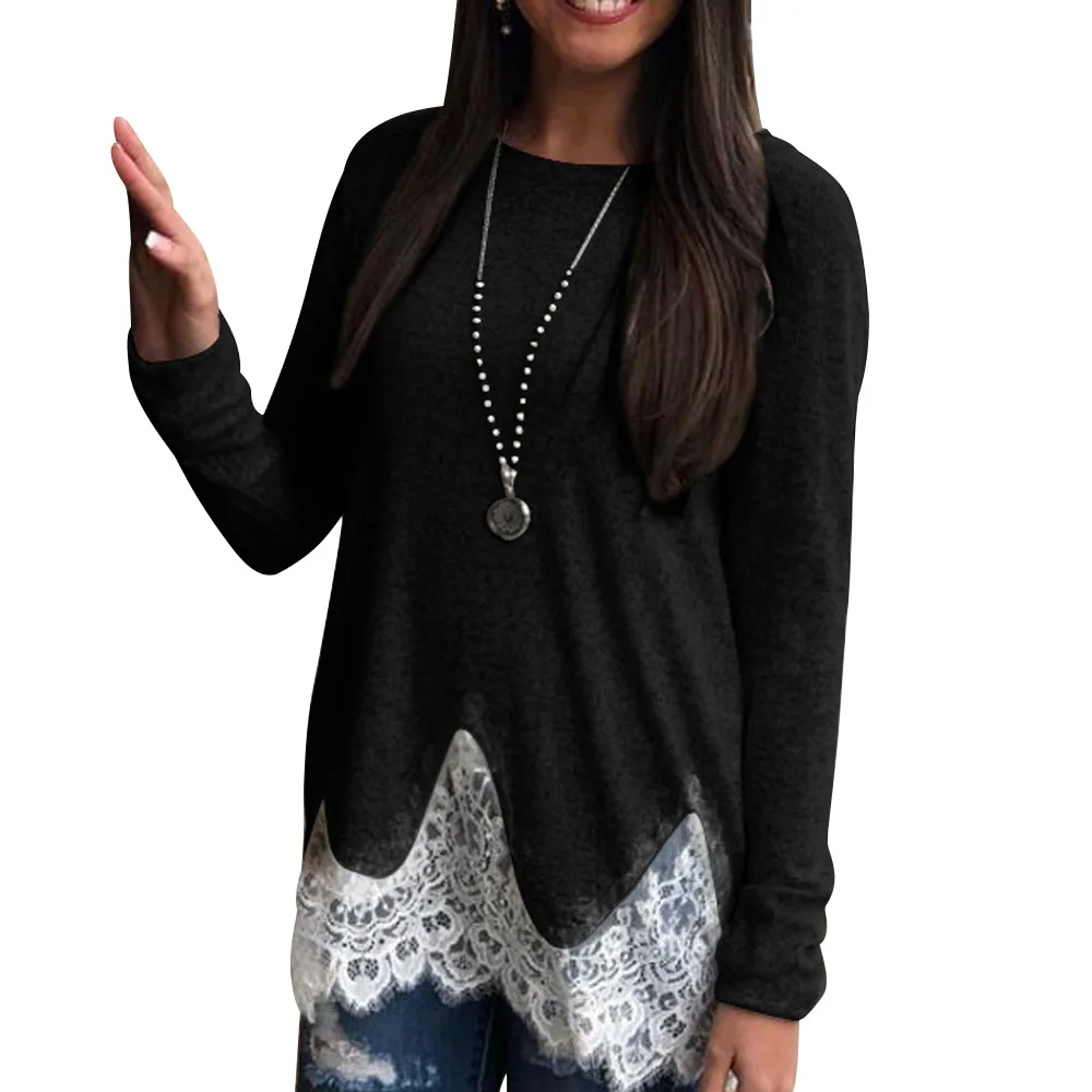 

AliExpress Autumn and Winter Explosion Fashion Leisure T-shirt 2018 Crew Neck Long Sleeves Splicing Irregular Lace Hem Blouse