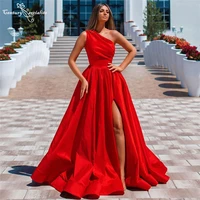 one shoulder red prom dresses long high slit zipper back a line simple satin formal evening dress party gowns vestido de fiesta