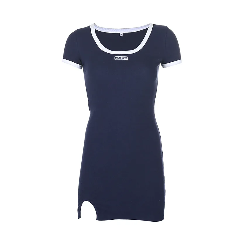 

Small Letter Embroidery Edging Contrast Color Dress Female U-neck Sexy Scheming Split Hip Skirt