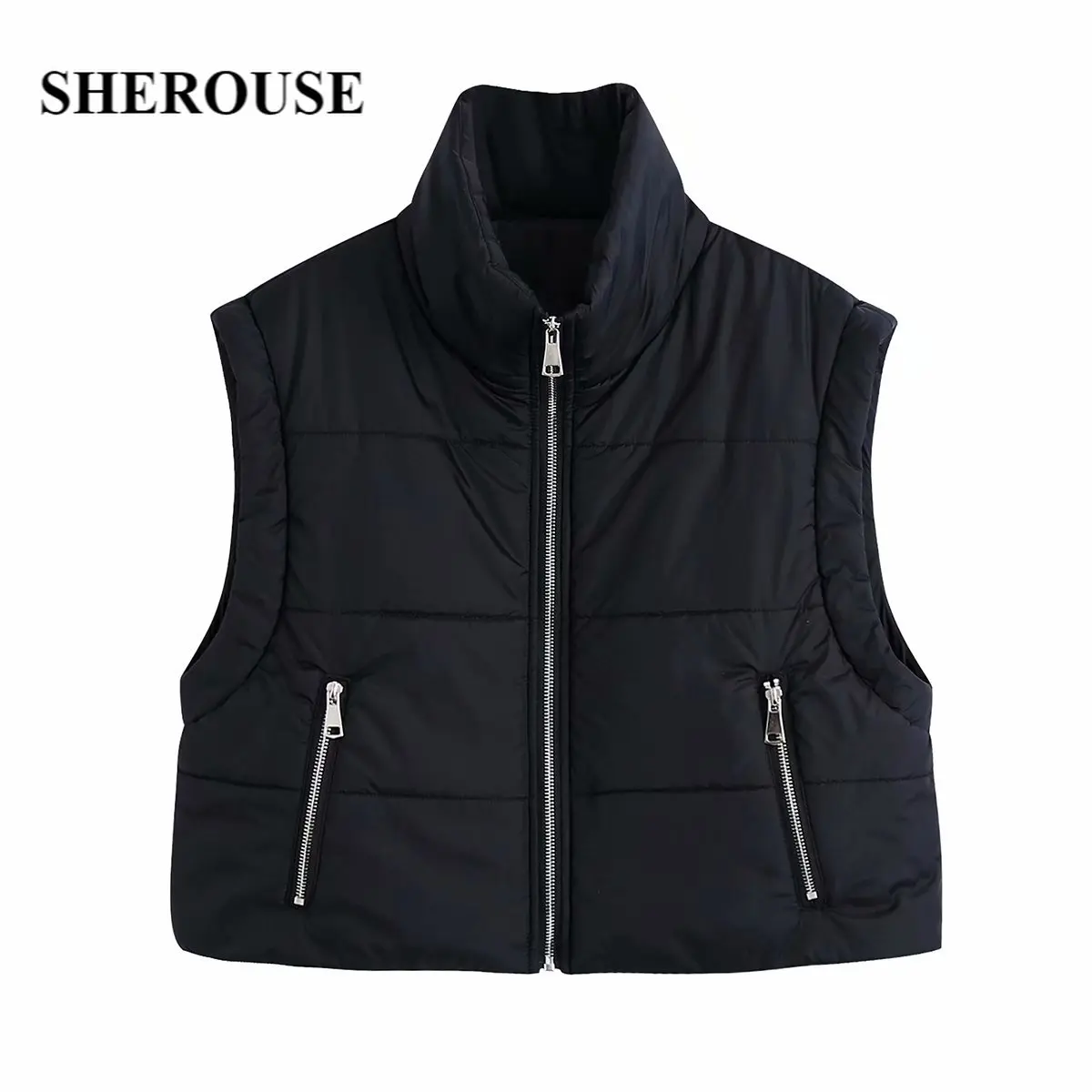 

SHEROUSE Women Fashion With Pockets Front Zipper Solid Vest Vintage Sleeveless High Neck Casual Female Jacket Chic Outfits