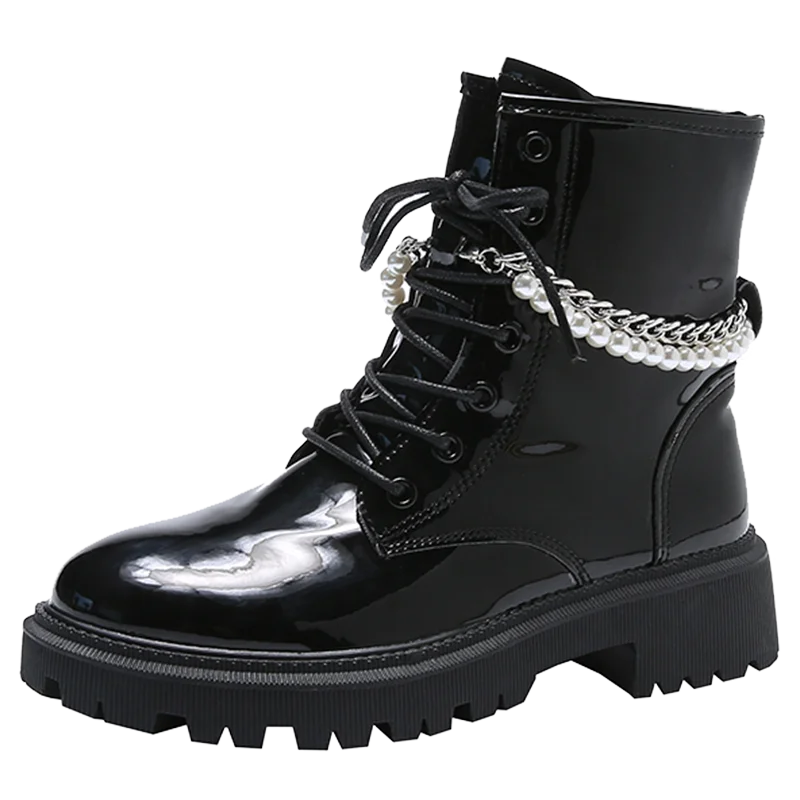 

Autumn Women PU Leather Round Toe Chain Platform Short Boots Flat Heel Short Boots Ankle Boots Mujer Sapato Feminino