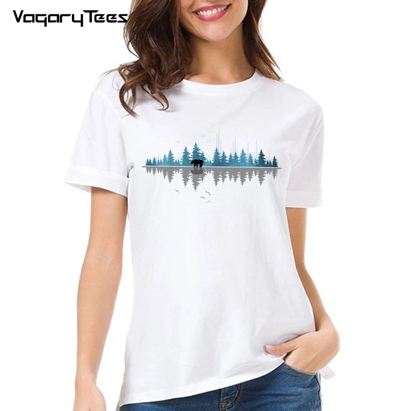 

Summer Women T Shirt The Sounds Of Nature Music Sound Wave Short Sleeve Bear Print Tees Tops Casual Simple O-Neck Female TShirts