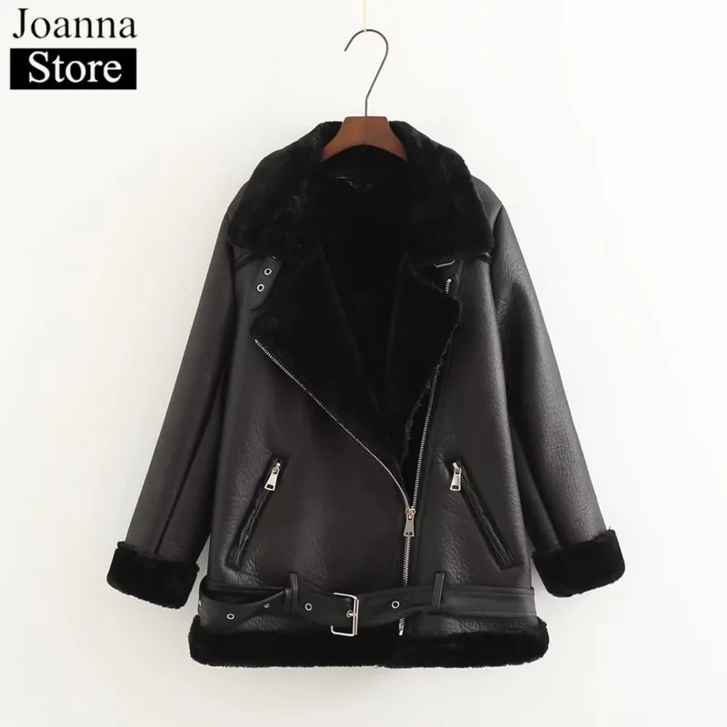 Winter New Lapel Thick Fur One Warm Coats PU Leather Punk Thick Motorcycle Jacket Women Faux Rabbit Fur Oversize Bomber jackets