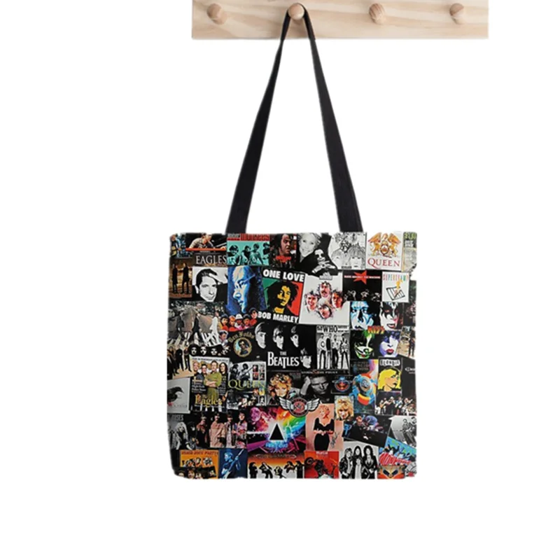 

Холщовая сумка-шоппер Harajuku, с принтом рок-коллажей, женская сумка для покупок, женская сумка через плечо