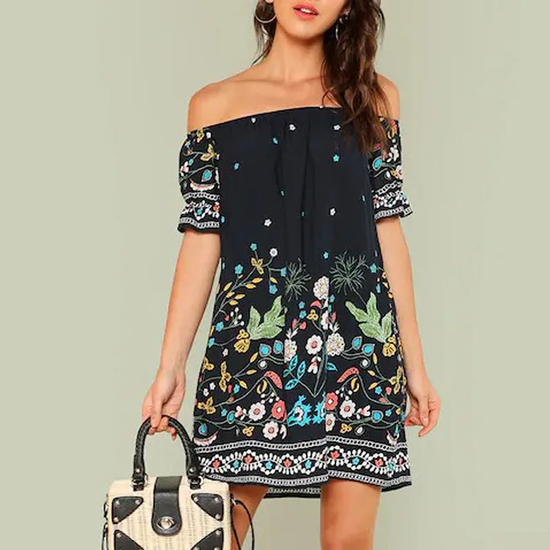 

women black one shoulder floral bohemian dresses 2021 spring summer long casual sexy office beach boho plus size dress loose