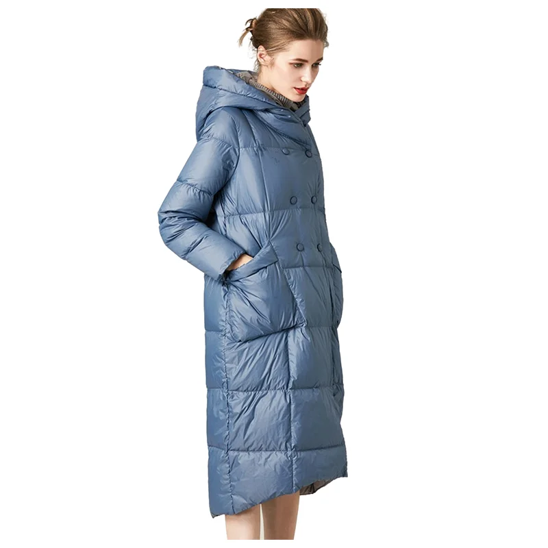 Women's Loose Down Jacket Hooded Double-Breasted White Duck Down Ultra Long Warm Puffer Jacket Down Parka Female Outerwear