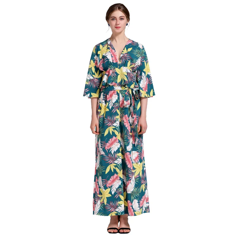 

New Summer Mid-sleeved Sexy Two Piece Set Dress V-neck Print Temperament High Waist Long Dress Women Summer Clothing