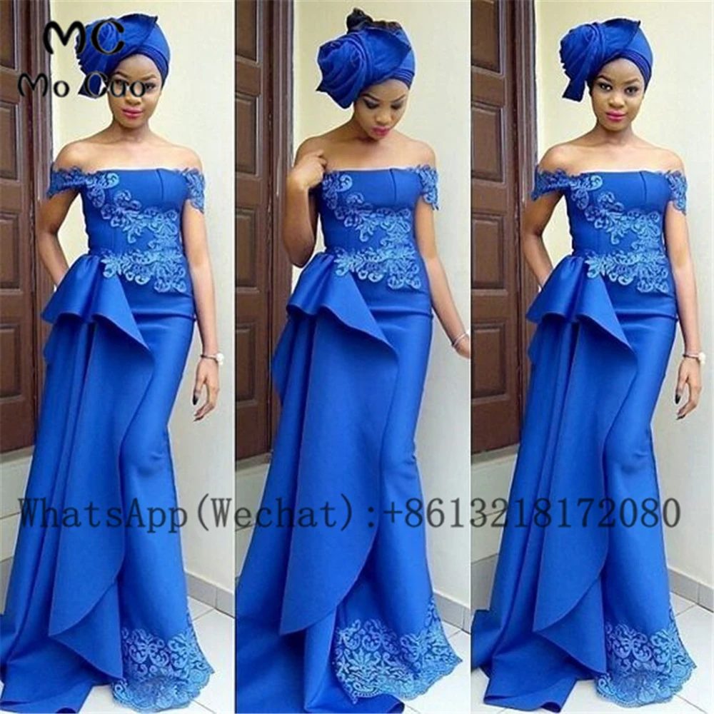 

2021 African Women Royer Blue Prom Dresses Long Lace Appliques Short Sleeve Ruffles Appliques Off Shoulder Evening Prom Gown