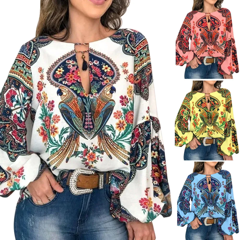 

Fashion Women Shirts Casual Floral Printed Outdoor Ethnic Style Daily Spring Crew Neck Loose Ladies Soft Lantern Sleeve Shopping