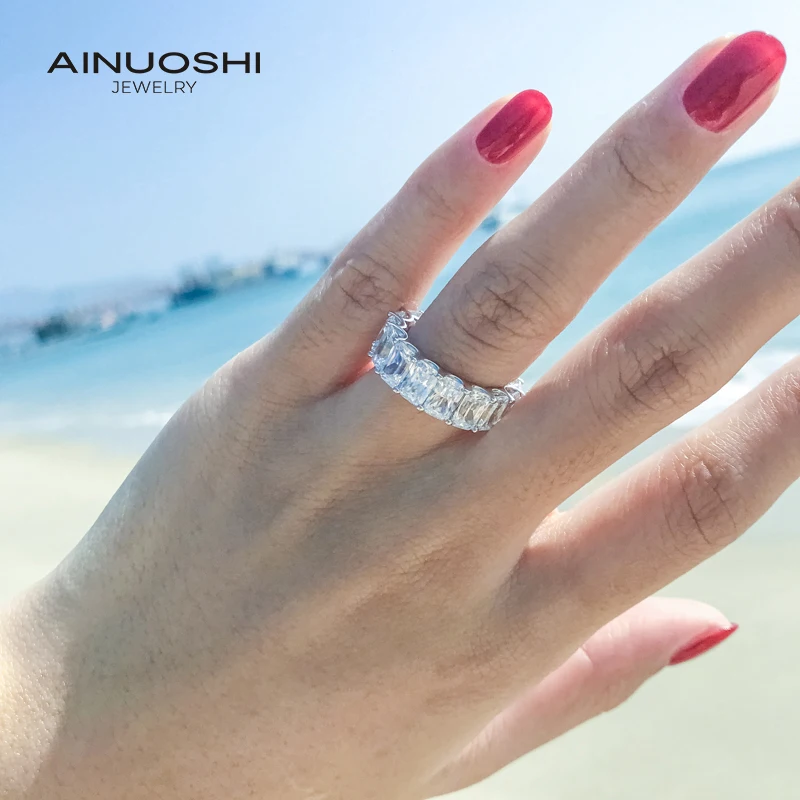 AINUOSHI 925 Sterling Silver Radiant/Emerald Cut SONA Diamond Engagement Rings For Women Full Eternity Band Rings