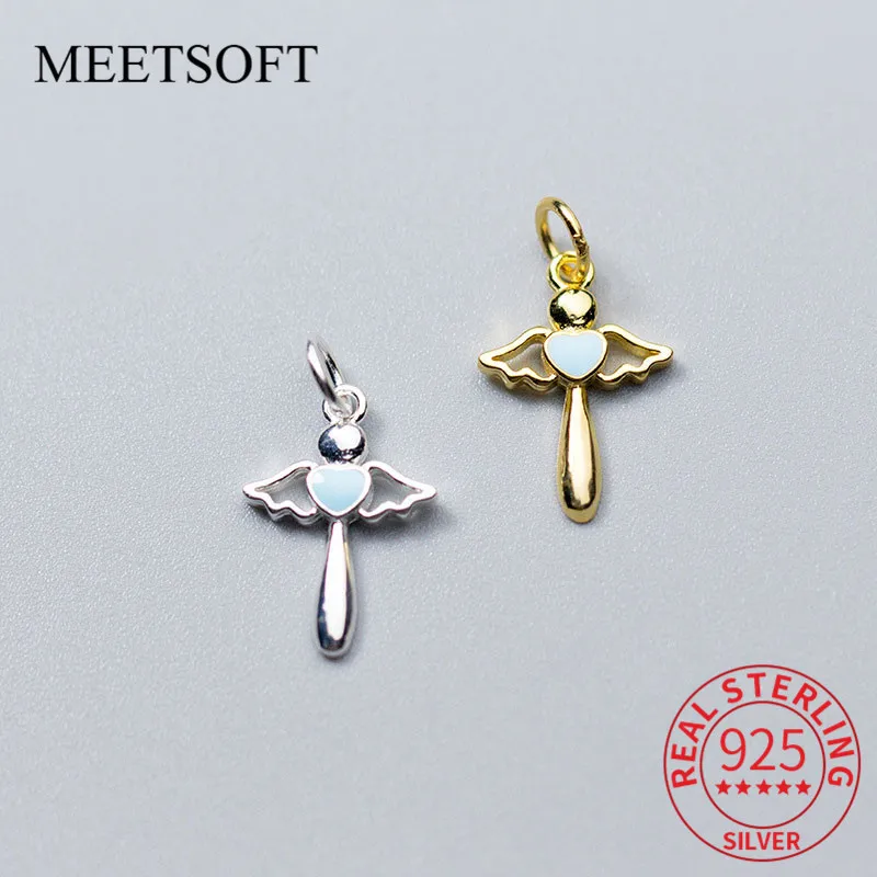 MEETSOFT Настоящее серебро 925 пробы голубое сердце и крылья подвесные шармы DIY